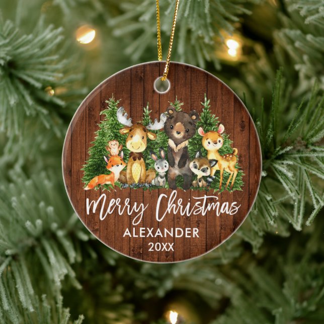 Brush Script Christmas Woodland Animals Rustic Ceramic Ornament (Tree)