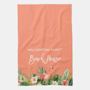Brush Script Coral Tropical Floral Beach House Tea Towel