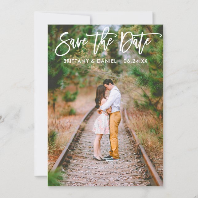 Brush Script Couple Photo Save The Date Card (Front)