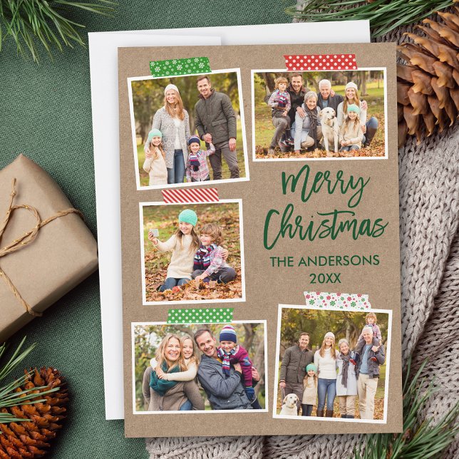 Brush Script Craft Tape Merry Christmas Kraft Holiday Card (Customize to add text or more photos to back of card.)
