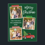 Brush Script Craft Tape Red Truck Christmas Postcard<br><div class="desc">Modern Brush Script Merry Christmas 3 Photo Collage Holiday Postcard includes Craft Tape and Watercolor Vintage Red Truck with Christmas Tree. Forest Green Background.</div>