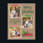 Brush Script Craft Tape Truck Christmas Kraft Postcard<br><div class="desc">Modern Brush Script Merry Christmas 3 Photo Collage Holiday Postcard includes Craft Tape and Watercolor Vintage Red Truck with Christmas Tree. Rustic Kraft Paper.</div>