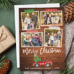 Brush Script Craft Tape Wood Christmas Truck Holiday Card<br><div class="desc">Modern Brush Script Merry Christmas 4 Photo Collage Holiday Card includes Craft Tape and Watercolor Vintage Red Truck with Christmas Tree. Rustic Country Wood.</div>