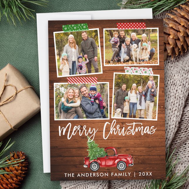 Brush Script Craft Tape Wood Christmas Truck Holiday Card (Customize to add text or more photos to back of card.)