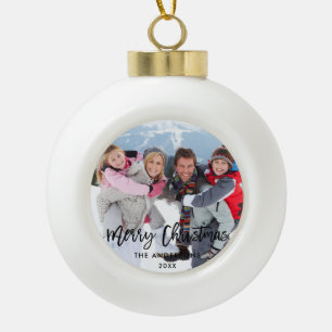 Brush Script Family Photo Merry Christmas Ceramic Ball Christmas Ornament