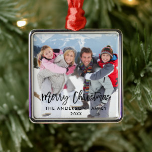 Brush Script Family Photo Merry Christmas Sq Metal Ornament