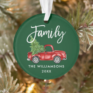 Brush Script Family Vintage Red Truck Green Ornament