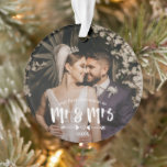 Brush Script First Christmas Mr Mrs Photo Ornament<br><div class="desc">Charming Christmas ornament for newly weds personalized with one photo on either side. Mr & Mrs is written in a bold brush script above two arrows pointing at a heart in a hand-drawn look.</div>