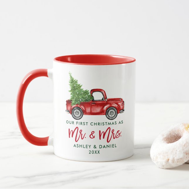Brush Script First Christmas Mr. Mrs. Truck Red Mug (With Donut)