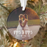 Brush Script First Christmas Mrs Mrs Photo Ornament<br><div class="desc">Charming Christmas ornament for newly wed wives personalized with one photo on either side. Mrs & Mrs is written in a bold brush script above two arrows pointing at a heart in a hand-drawn look.</div>