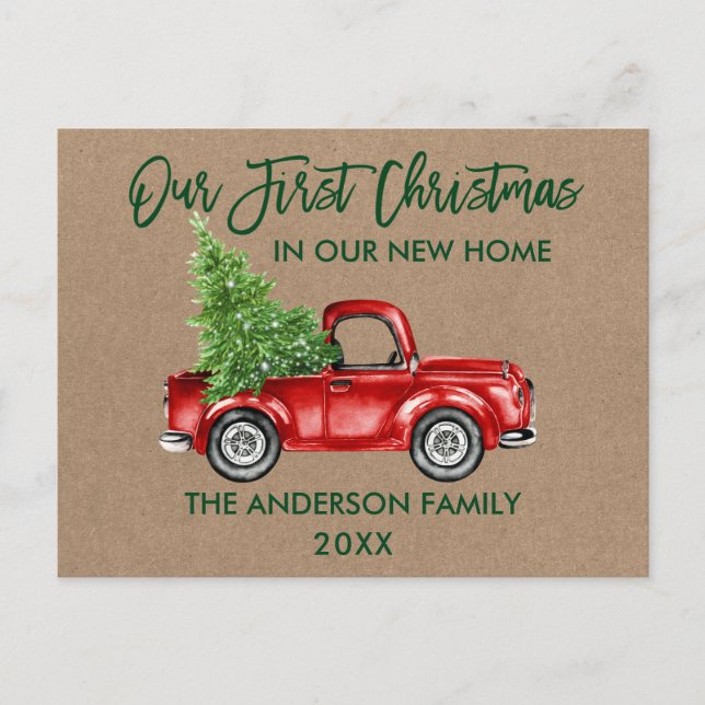 Brush Script First Christmas New Home Truck Kraft Postcard (Front)