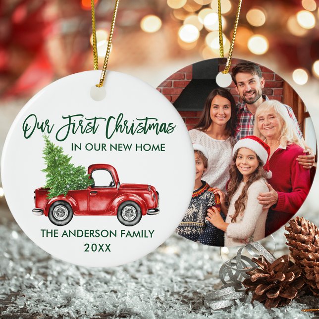 Brush Script First Christmas New Home Truck PHOTO Ceramic Ornament (Customize with Name, Year and Photo.)
