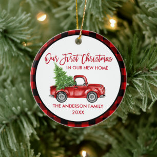 Brush Script First Christmas New Home Truck Plaid Ceramic Ornament