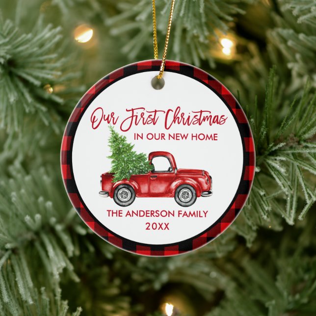 Brush Script First Christmas New Home Truck Plaid Ceramic Ornament (Tree)