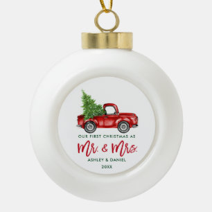 Brush Script First Christmas Red Truck Ceramic Ball Christmas Ornament