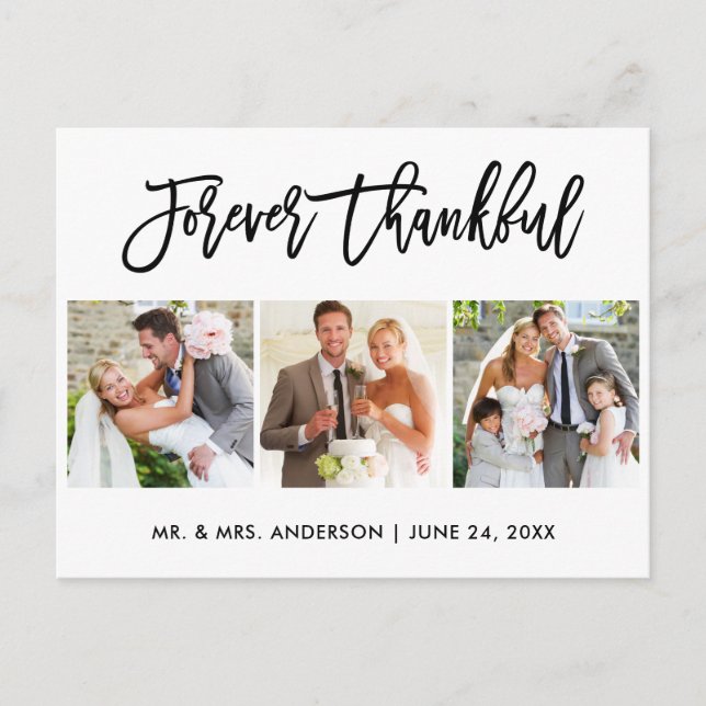 Brush Script Forever Thankful 3 Photo Wedding Postcard (Front)