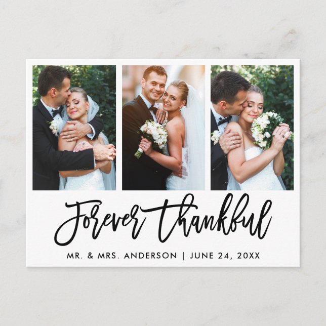 Brush Script Forever Thankful Wedding 3 Photo Postcard (Front)