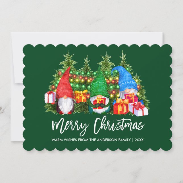 Brush Script Gnomes Christmas Lights Green Holiday Card (Front)