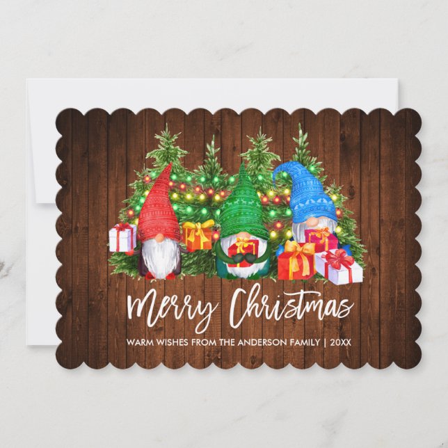 Brush Script Gnomes Wood Christmas Lights Holiday Card (Front)