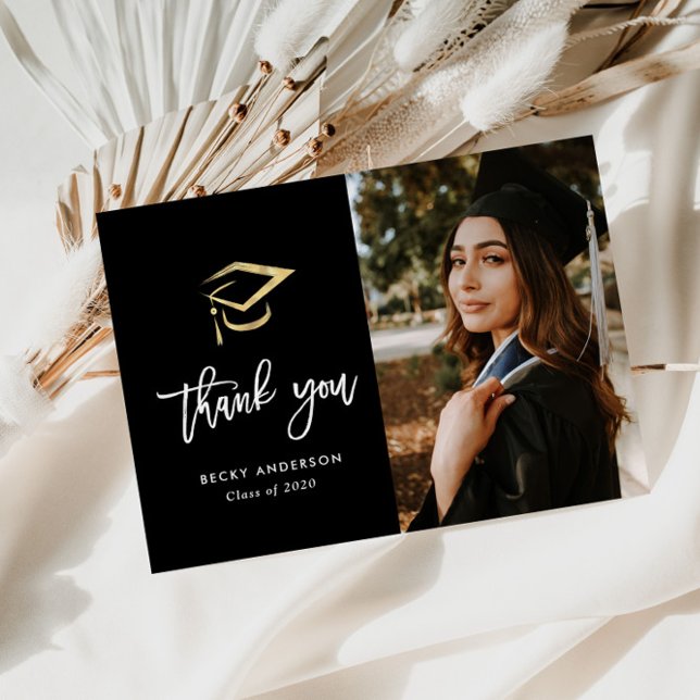 Brush script gold cap graduation thank you postcard (Creator Uploaded)