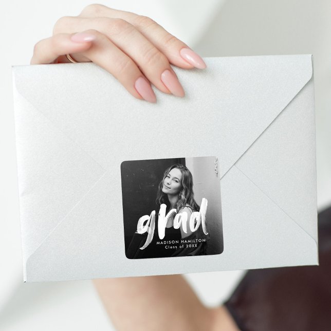 Brush Script Grad Photo Graduation Square Sticker (Creator Uploaded)