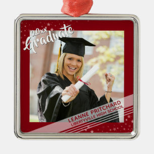 Brush Script Graduate, Red Border & Stars, Photo Metal Ornament