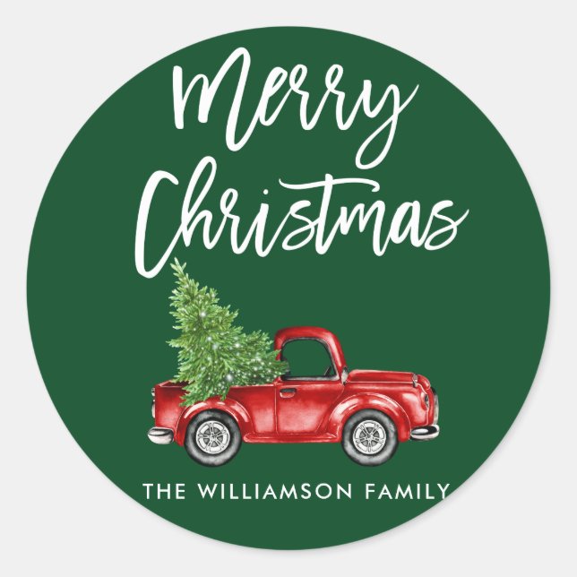 Brush Script Green Christmas Truck Envelope Seal (Front)