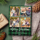 Brush Script Green Plaid Family 4 Photo Christmas Postcard<br><div class="desc">Modern Brush Script Family 4 Photo Christmas Green Plaid Postcard</div>