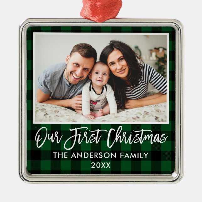 Brush Script Green Plaid Family First Christmas Metal Ornament (Front)