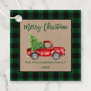 Brush Script Green Plaid Kraft Christmas Truck Favour Tags