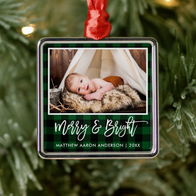 Brush Script Green Plaid Merry and Bright Baby Metal Ornament (Tree)