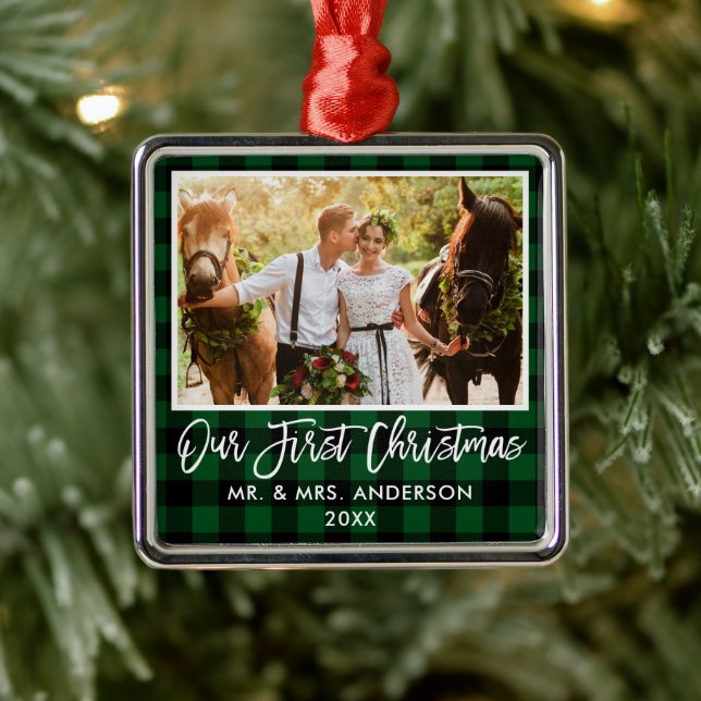 Brush Script Green Plaid Wedding First Christmas Metal Ornament (Tree)