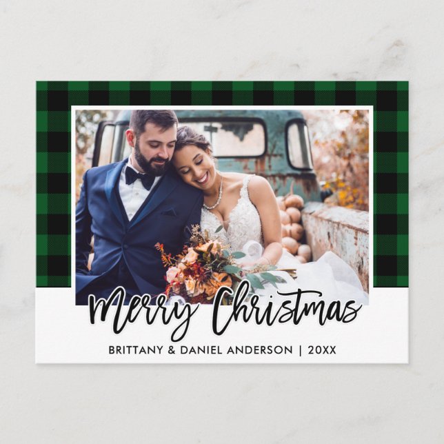 Brush Script Green Plaid Wedding Photo Christmas Postcard (Front)