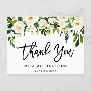 Brush Script Green White Floral Wedding Thank You Postcard
