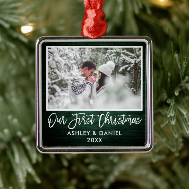 Brush Script Green Wood Couple Our First Christmas Metal Ornament (Tree)