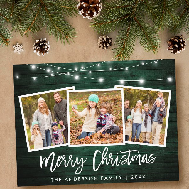 Brush Script Green Wood Lights 3 Photo Christmas Postcard (Customize to change your personalized text size or text style.)
