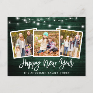 Brush Script Green Wood Lights 3 Photo New Year Postcard