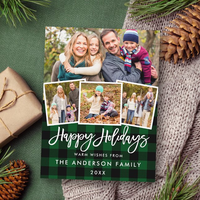 Brush Script Happy Holidays 4 Photo Green Plaid Postcard (Customize to change your personalized text size or text style.)