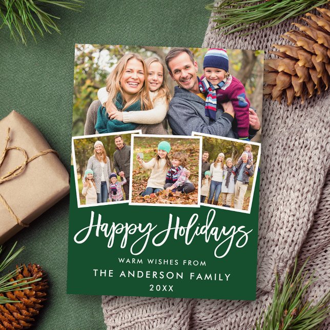 Brush Script Happy Holidays 4 Photo Green Postcard (Customize to change your personalized text size or text style.)
