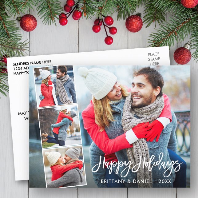 Brush Script Happy Holidays Couple 4 Photo Postcard (Customize to change your personalized text size or text style.)