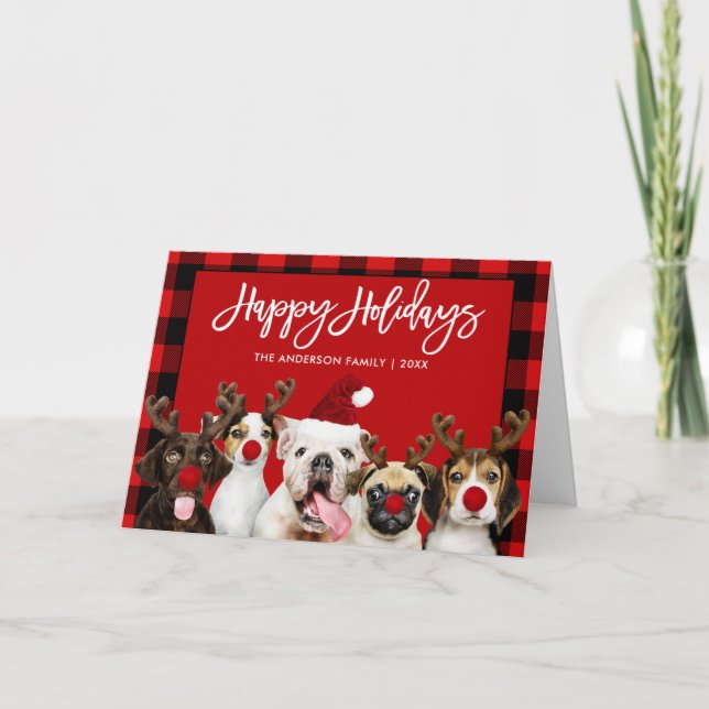 Brush Script Happy Holidays Dogs Red Plaid Folded Holiday Card (Front)