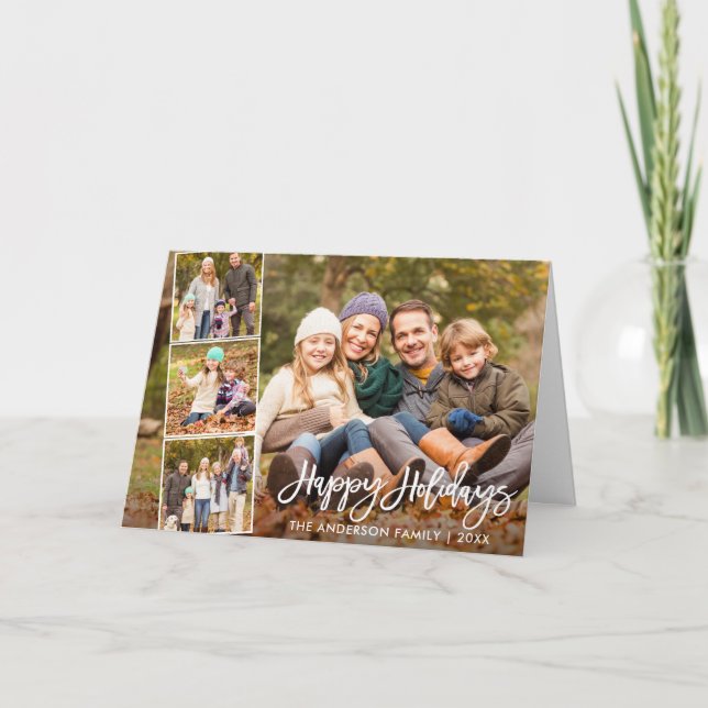 Brush Script Happy Holidays Family 4 Photo Fold Holiday Card (Front)