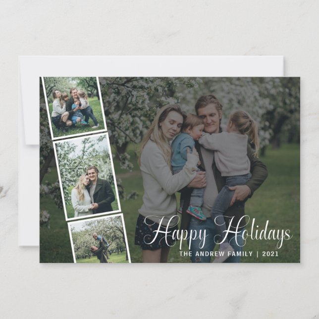 Brush Script Happy Holidays Family 4 Photo Overlay Holiday Card (Front)
