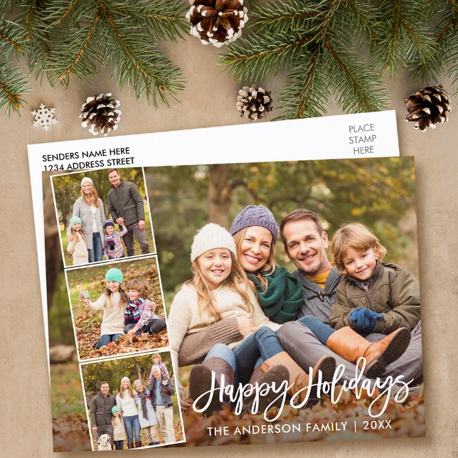 Brush Script Happy Holidays Family 4 Photo Postcard (Customize to change your personalized text size or text style.)