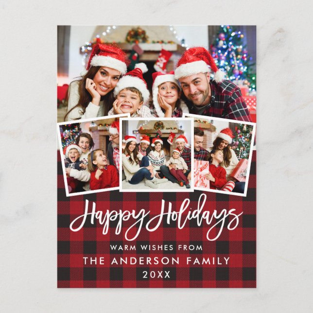 Brush Script Happy Holidays Red Plaid 4 Photo Postcard (Front)