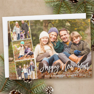 Brush Script Happy New Year Family 4 Photo Holiday Card