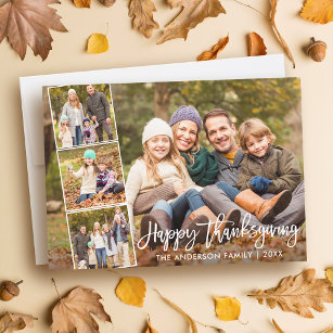 Brush Script Happy Thanksgiving Family 4 Photo Holiday Card