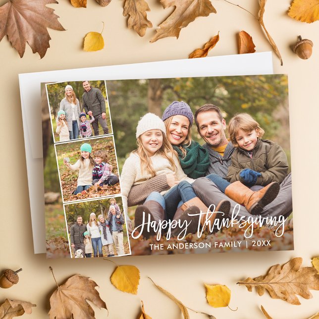 Brush Script Happy Thanksgiving Family 4 Photo Holiday Card (Customize to add text or more photos to back of card.)