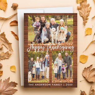 Brush Script Happy Thanksgiving Wood 3 Photos Holiday Card