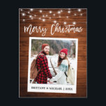Brush Script Instant Camera Wood Couple Christmas Postcard<br><div class="desc">Modern Brush Script,  Instant Camera Style Photo Merry Christmas Postcard - Rustic Wood</div>